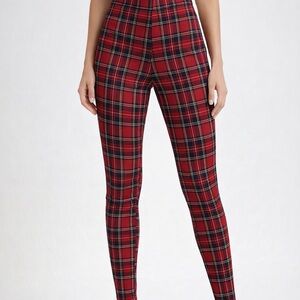 Zara red plaid high waisted stretch trouser, size s, slim ankle
